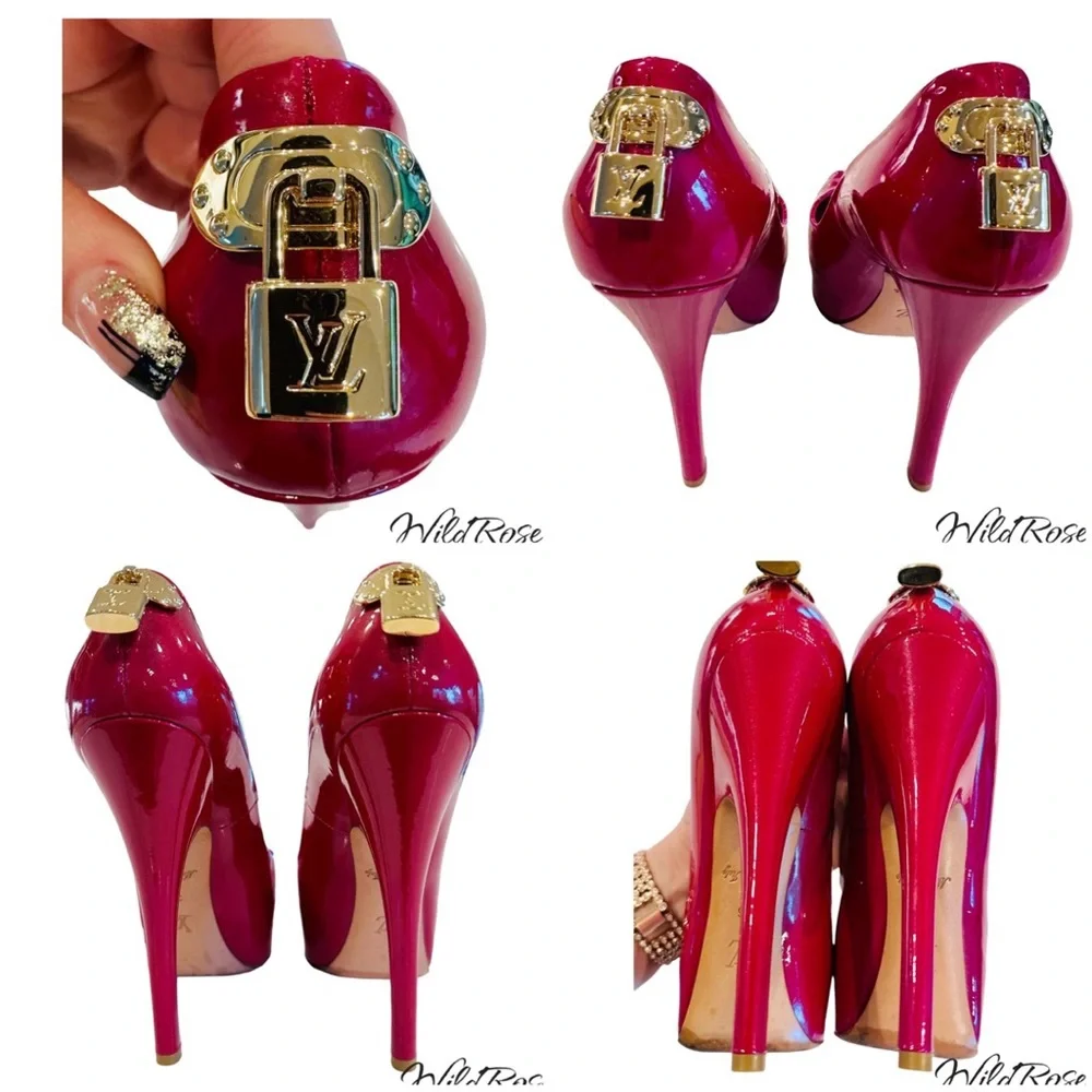 LOUIS VUITTON LV Gold Padlock Pink Patent “Oh Really” Platform Peep Toe Pumps 36 - Picture 11 of 16